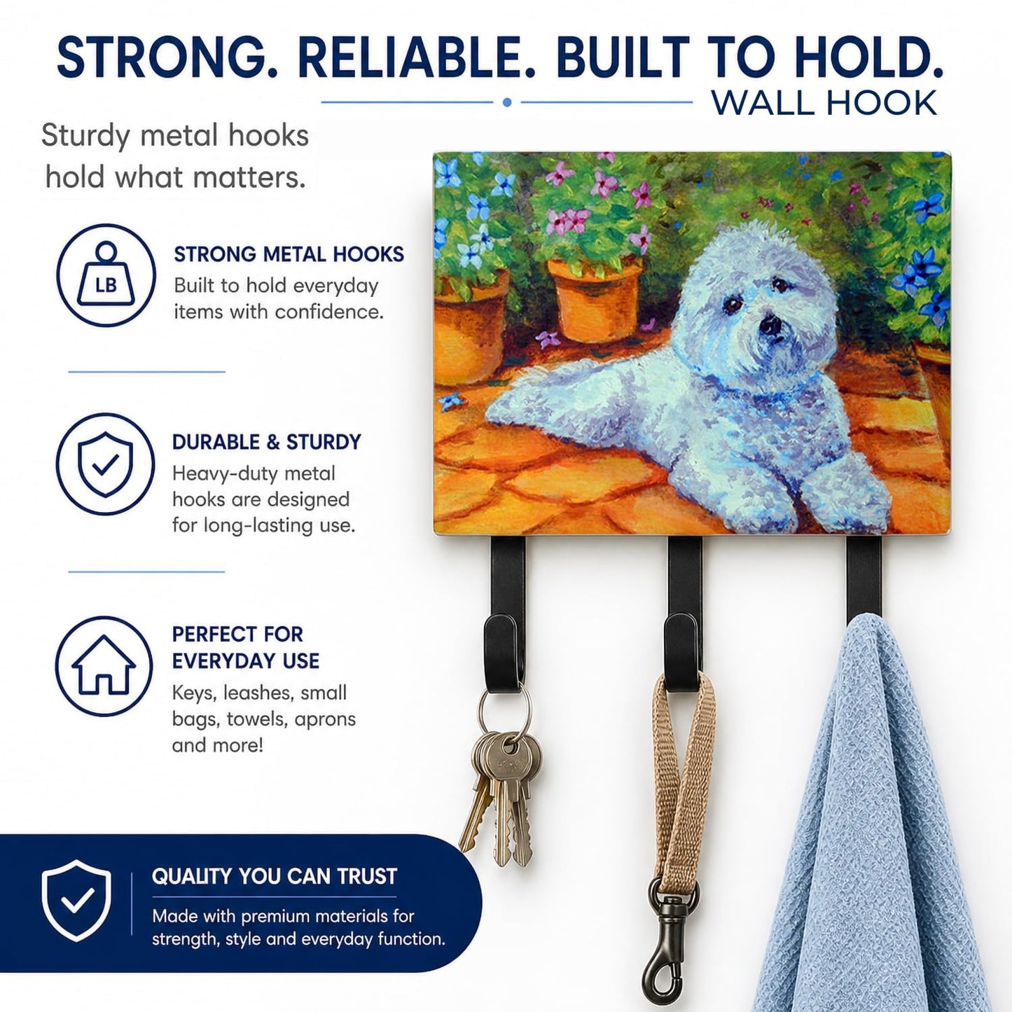 Caroline's Treasures 7346TH68 Bichon Frise on the patio Leash or Key Holder, Wall Hooks, Key Hooks