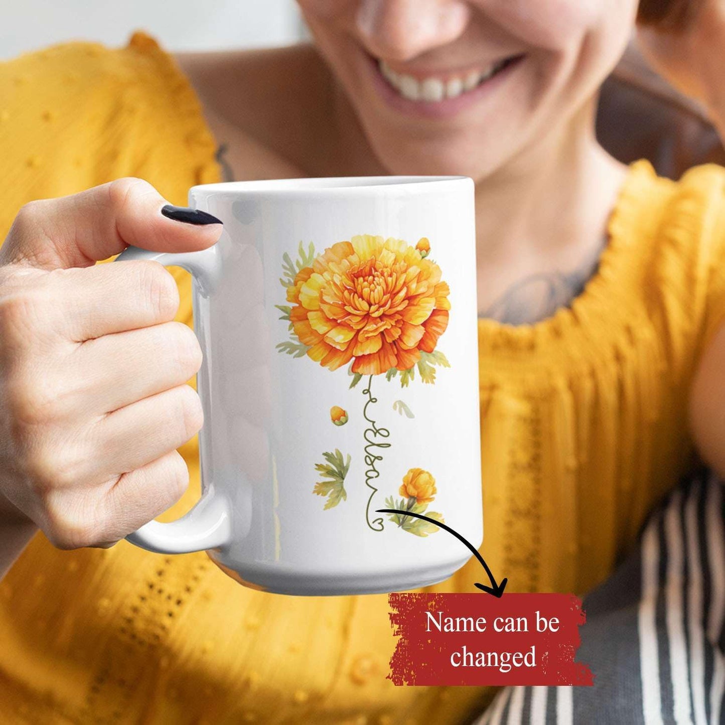 Unique Marigold Themed Ceramic Mug, Personalized Name Flower Accent Cup, Lovely Floral Coffee Mug
