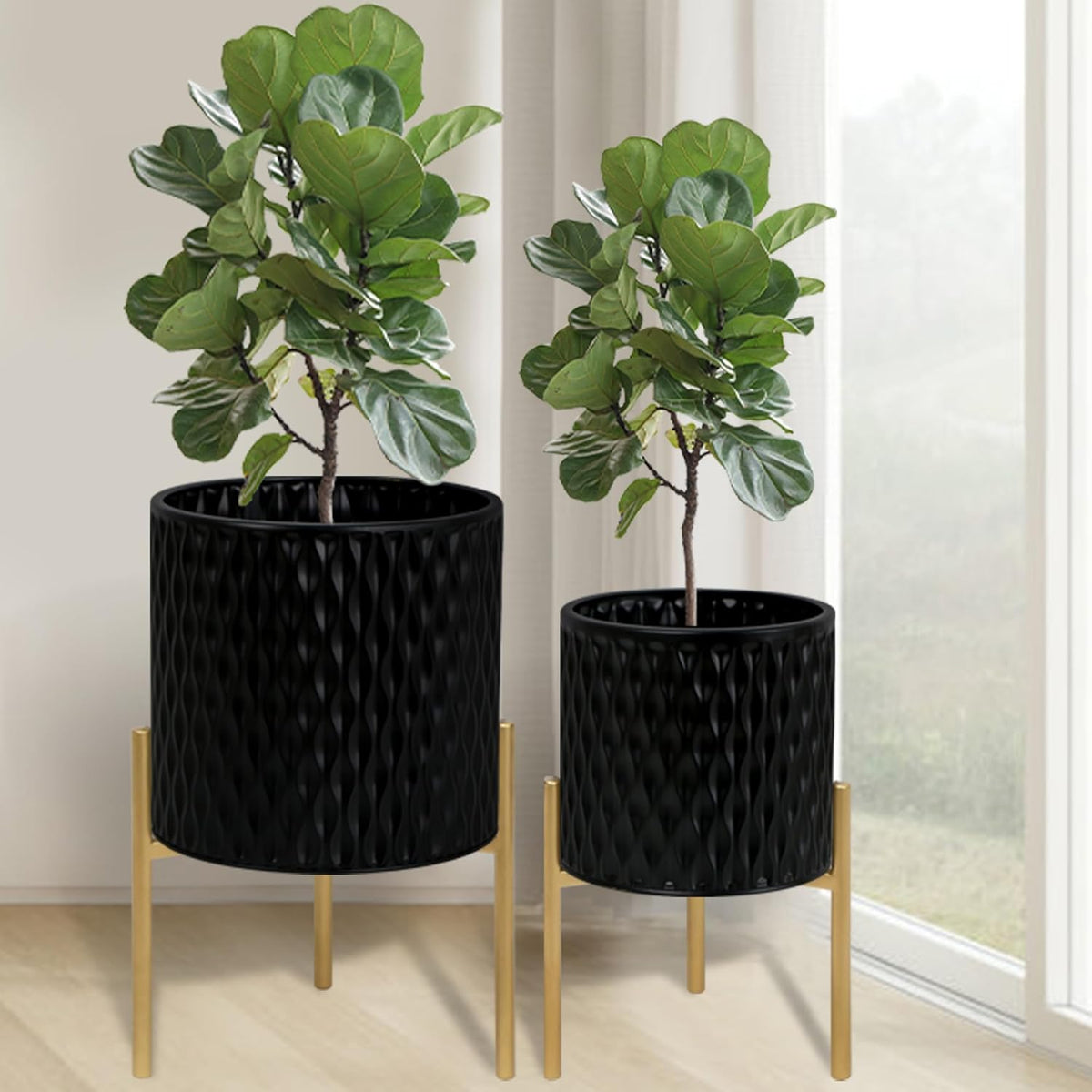 ARNIS Plants Pots with Stand, Set of 2 Planters, Unique Mid Century Decorative Metal Flower Pots