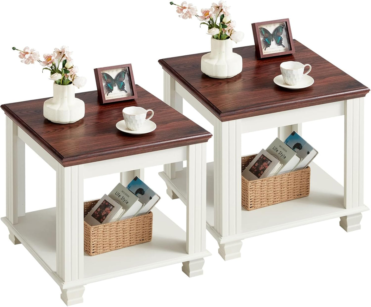 Farmhouse End Table Set of 2,Large Side Table with 2-Tier Storage Shelf,Rustic Wood End Tables for