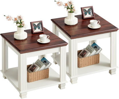 Farmhouse End Table Set of 2,Large Side Table with 2-Tier Storage Shelf,Rustic Wood End Tables for