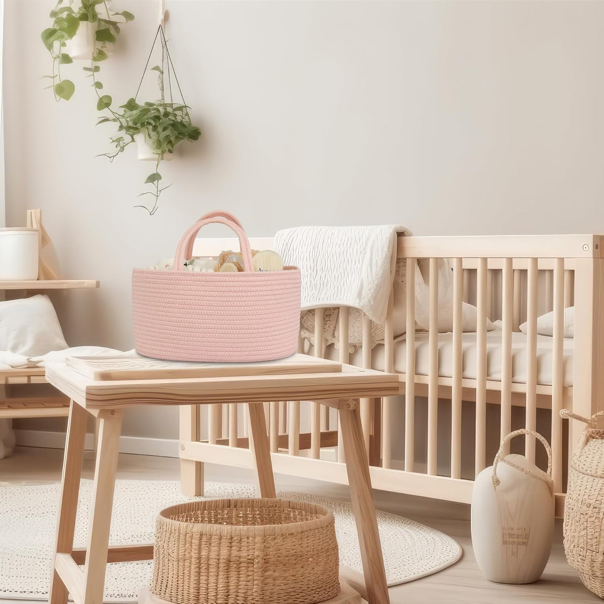 Diaper Caddy Organizer Cotton Rope Baby Basket Nursery Storage and Portable Tote Bag for Car Ideal