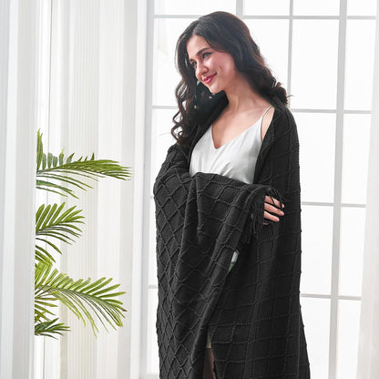 inhand Knitted Throw Blankets for Couch and Bed, Soft Cozy Knit Blanket with Tassel, Black
