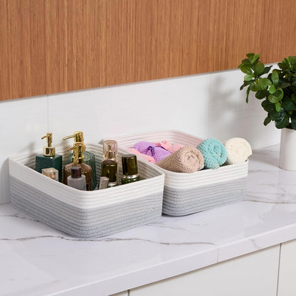 Large Shallow Organizing Baskets 15x11x5.1 Inches - Rope Woven Storage Bins for Bathroom, Shelves
