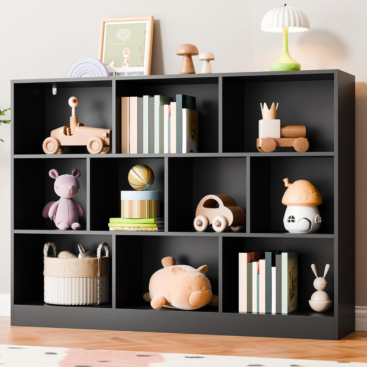 Cozy Castle Black Bookshelf, 3-Tier Open Shelf Bookcase, 10 Cube Storage Organizer with Anti-Tilt