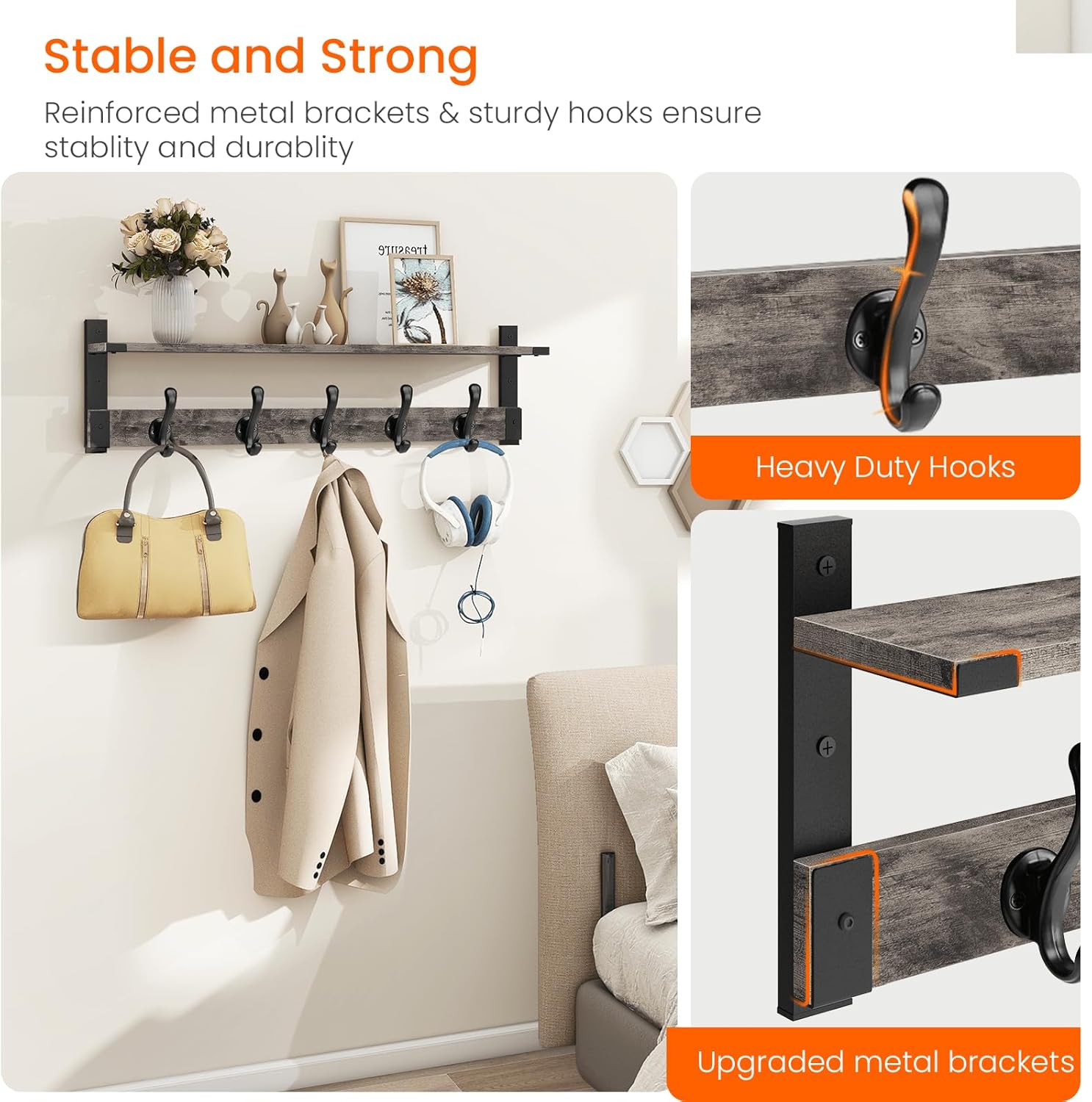Homode Coat Rack Wall Mount with Shelf, 29 Inch Wood Wall Shelf with Hooks, Entryway Coat Hanger