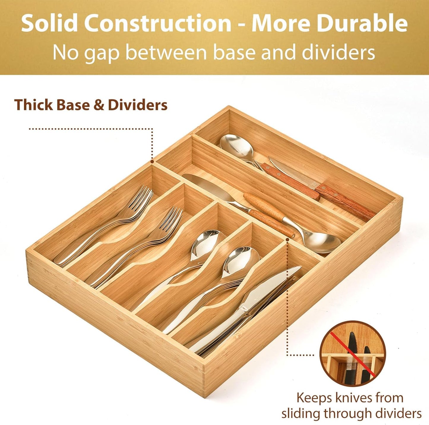 Umilife Bamboo Kitchen Drawer Organizer, 13 Inch Silverware Utensil Tray Holder, Extra Deep Grooved