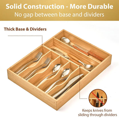 Umilife Bamboo Kitchen Drawer Organizer, 13 Inch Silverware Utensil Tray Holder, Extra Deep Grooved
