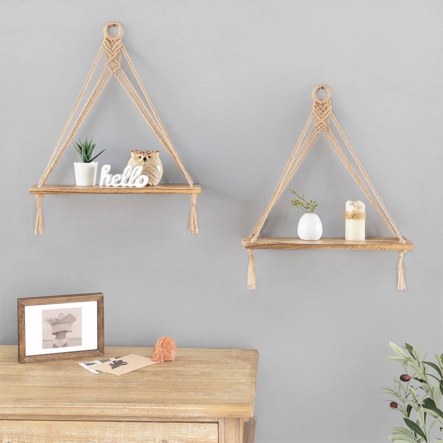 Mkono Macrame Hanging Shelves Boho Wall Decor Set of 2 Rustic Wood Floating Storage Shelf for