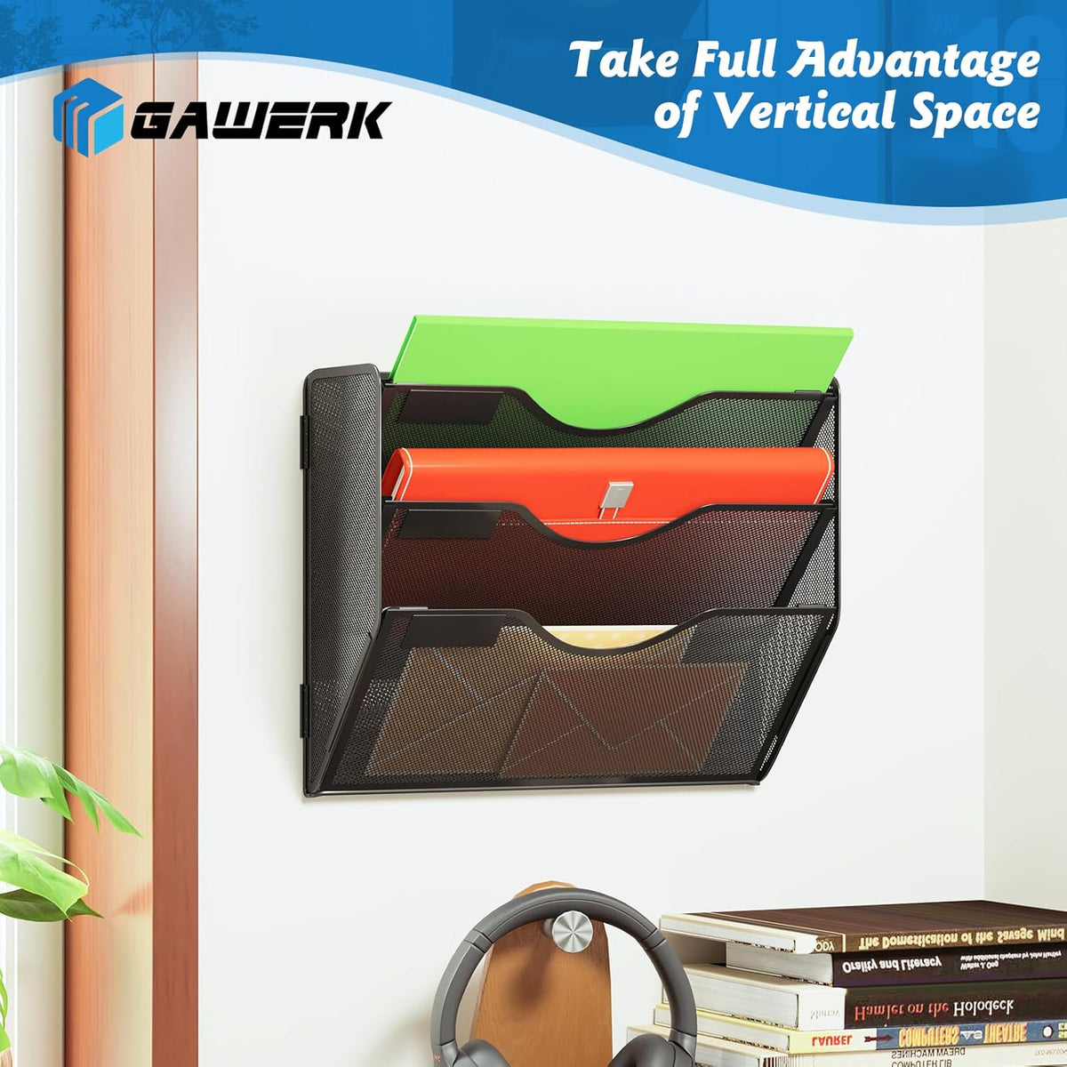 3 Tier Hanging Wall File Organizer, Mesh Mail Paper Orgnization Hanging File Folder Holder for Home
