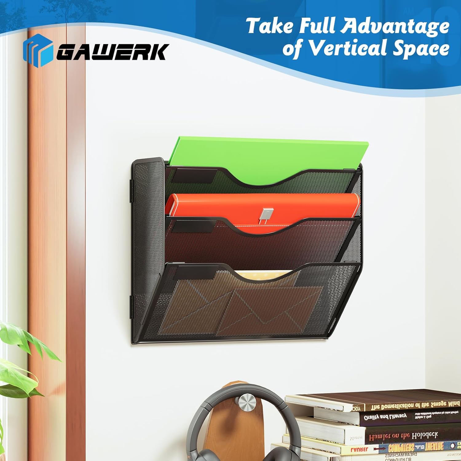 3 Tier Hanging Wall File Organizer, Mesh Mail Paper Orgnization Hanging File Folder Holder for Home