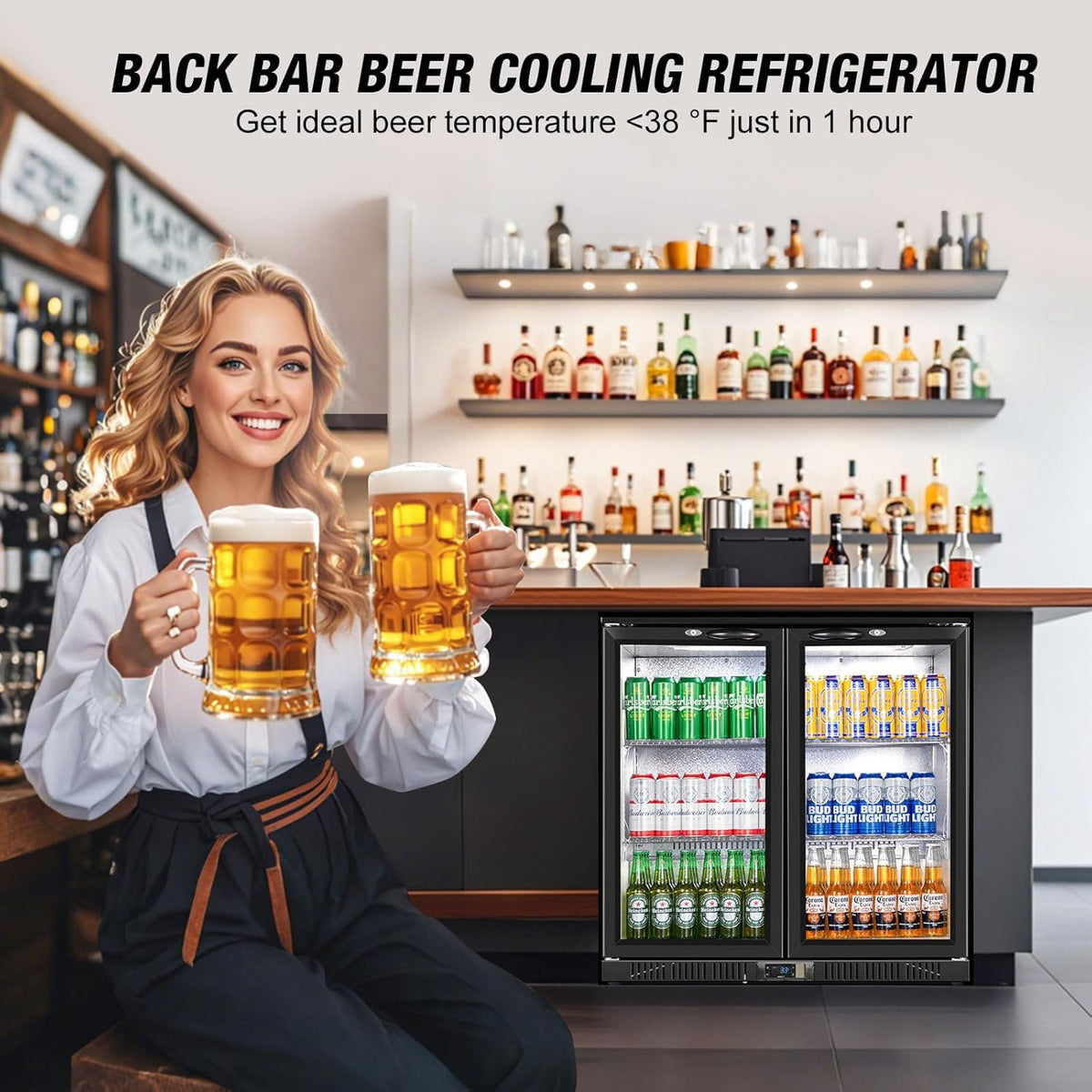 Beverage Refrigerator Under Counter, Back Bar Cooler with 2 Glass Door, Commercial Display Fridge