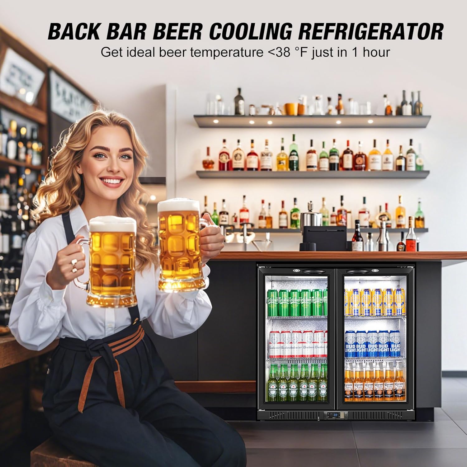 Beverage Refrigerator Under Counter, Back Bar Cooler with 2 Glass Door, Commercial Display Fridge