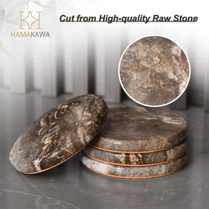 Marble Coasters Set of 4, Natural Gray Stone 4 Inch/10 cm, Modern Round Travertine Drink Coasters