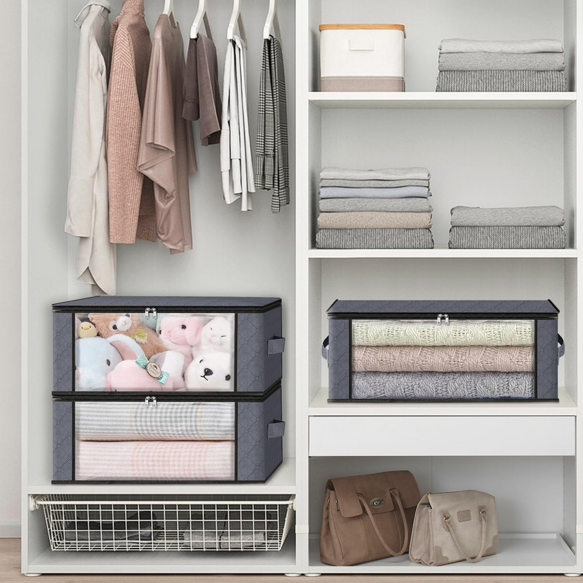 HomeHacks 3-Pack Clothes Organizer Storage Bags, 35L Storage Bins, Gray