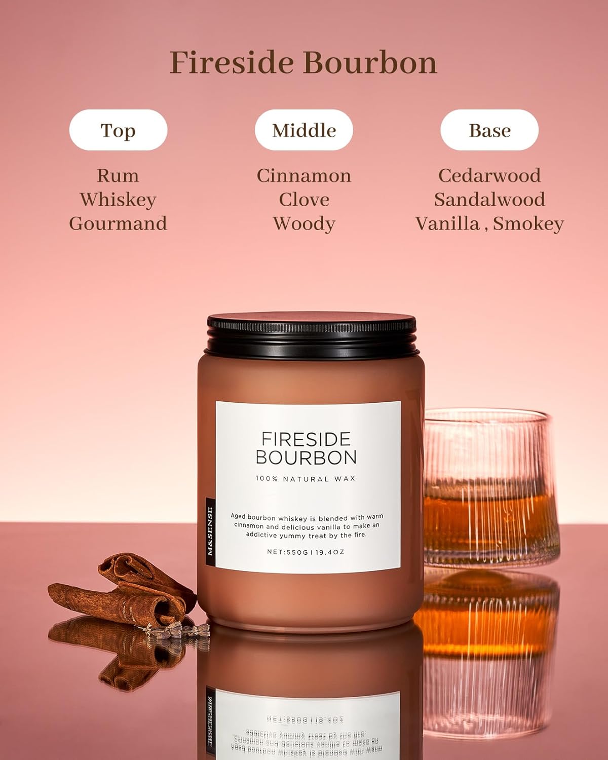 M&SENSE Fireside Bourbon Candles Strong Scented, 2 Wick Jar Candle 19.4oz 110 Hour Long Lasting