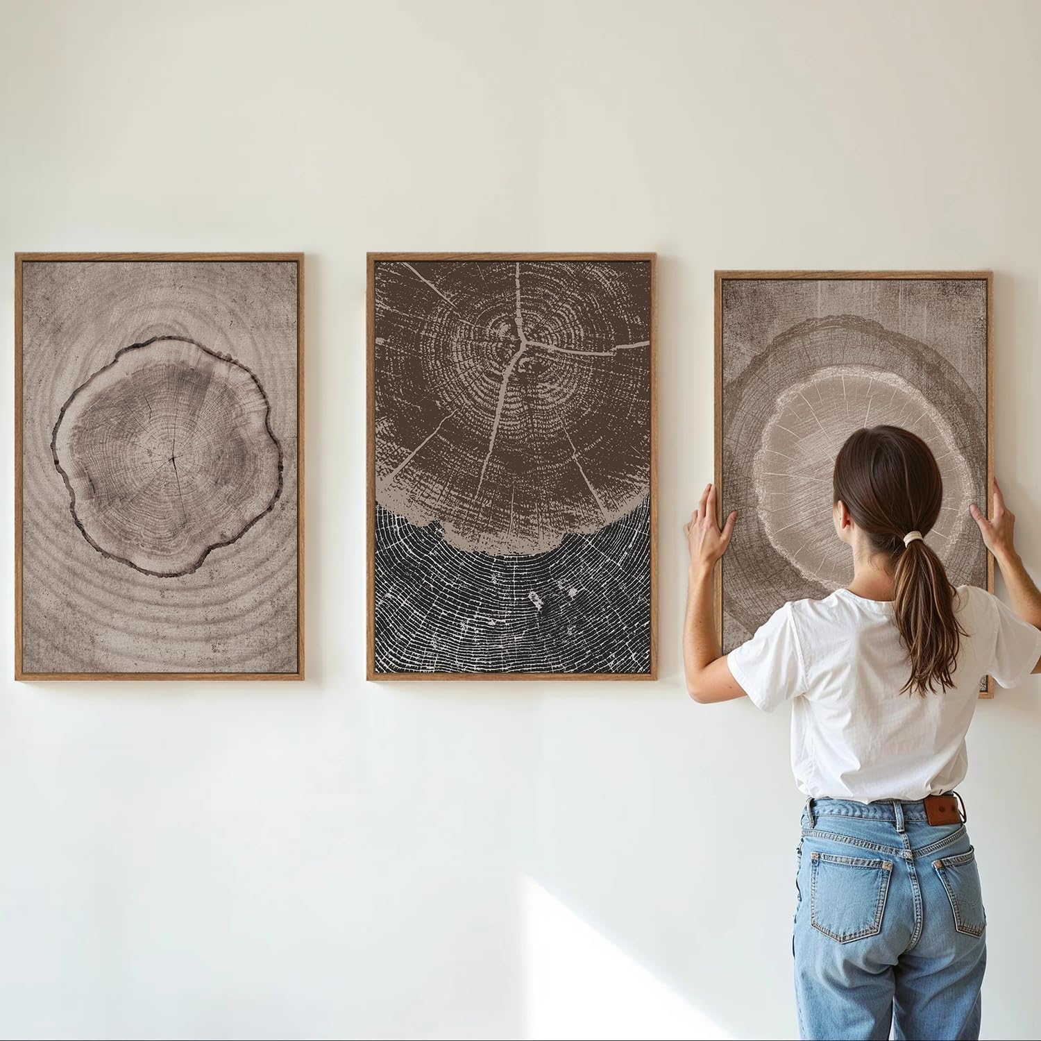 SIGNINART Beige Tree Ring Framed Canvas Wall Art Set, Abstract Black and White Rustic Wood Wall