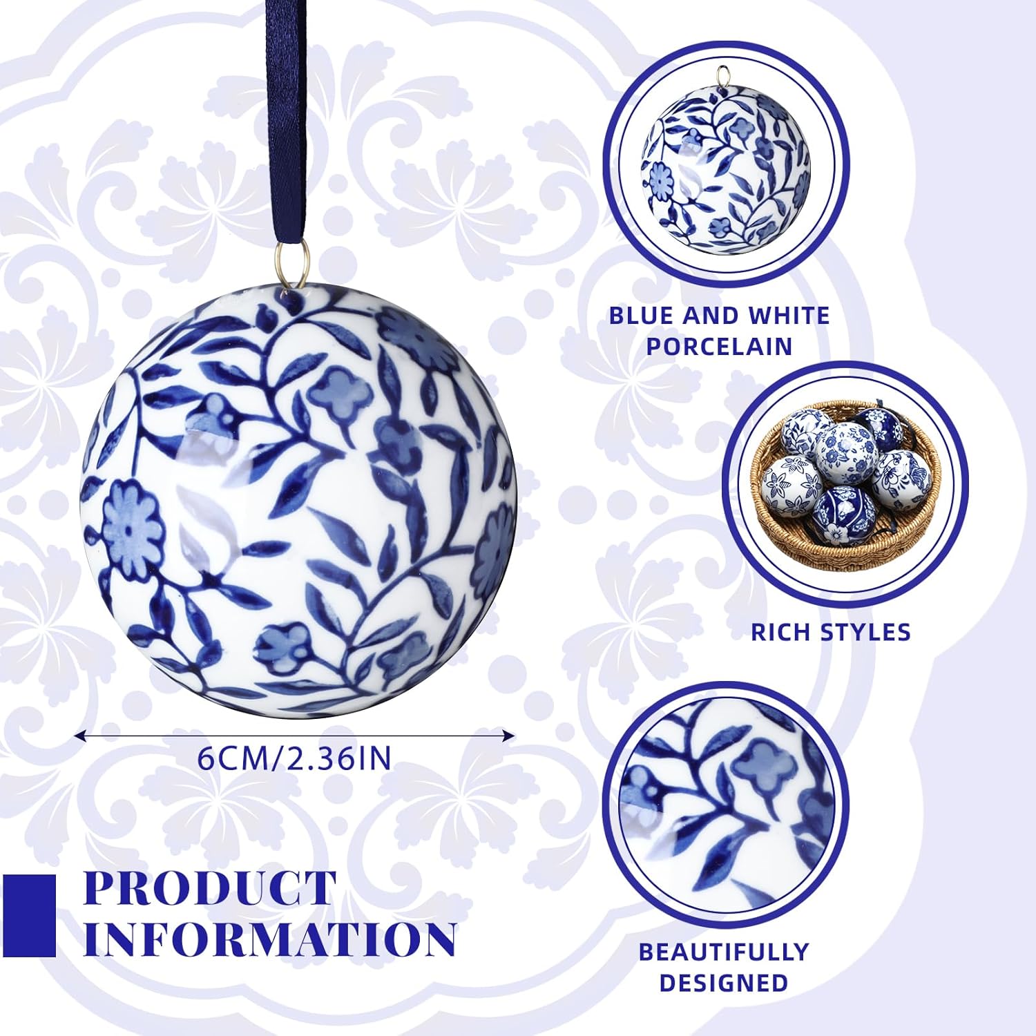 Cindeer 6 Pcs Blue and White Christmas Porcelain Balls 2.4 Inch Porcelain Chinoiserie Ornament Bulk