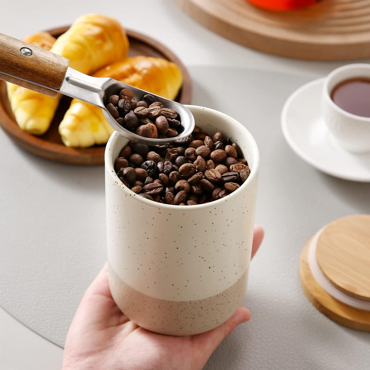 vancasso Sabine Small Ceramic Canister with Airtight Wood Lid - 18 oz Kitchen Storage for Coffee