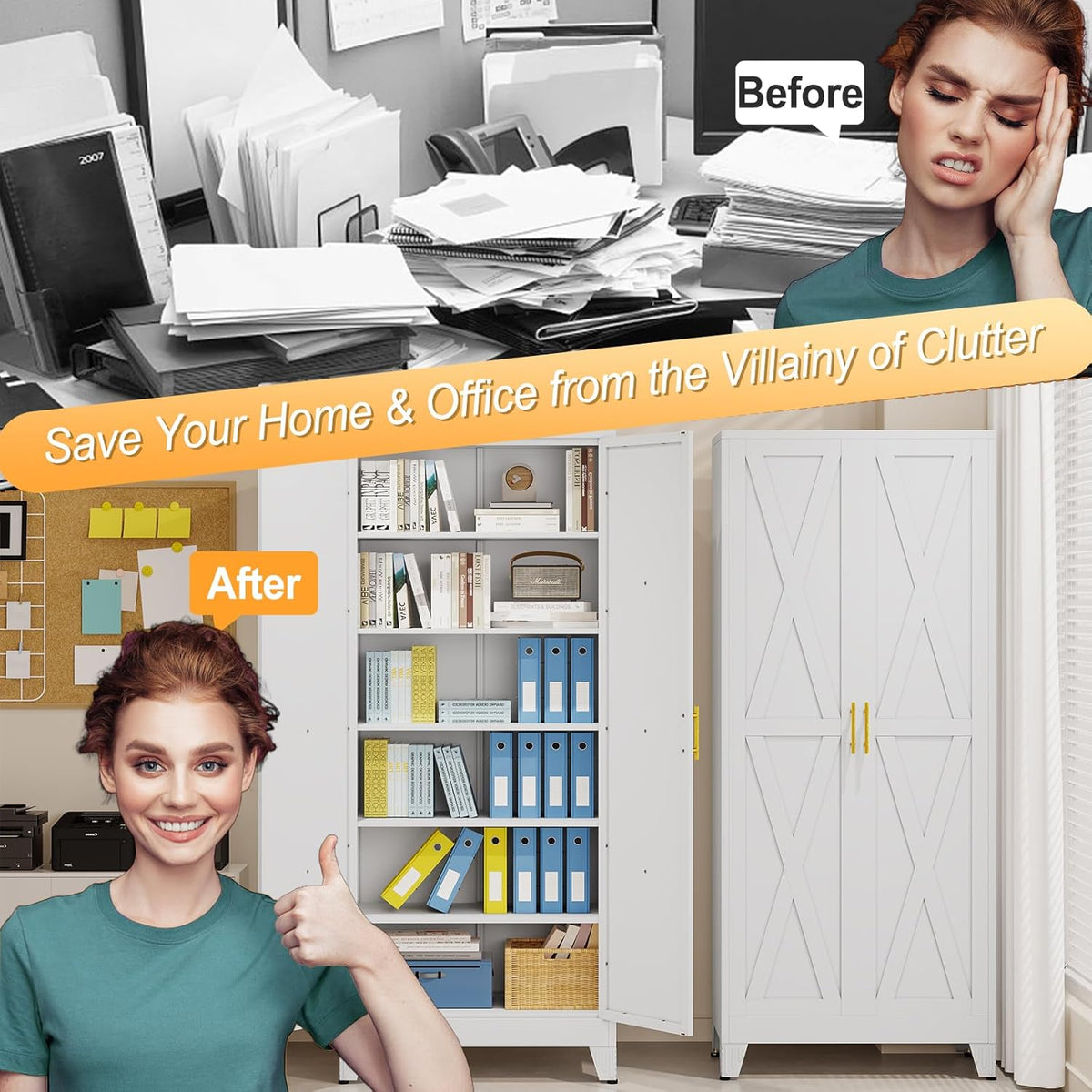 75" Tall Metal Kitchen Pantry Storage Cabinet, Freestanding Cupboard with 2 Doors and 5 Adjustable