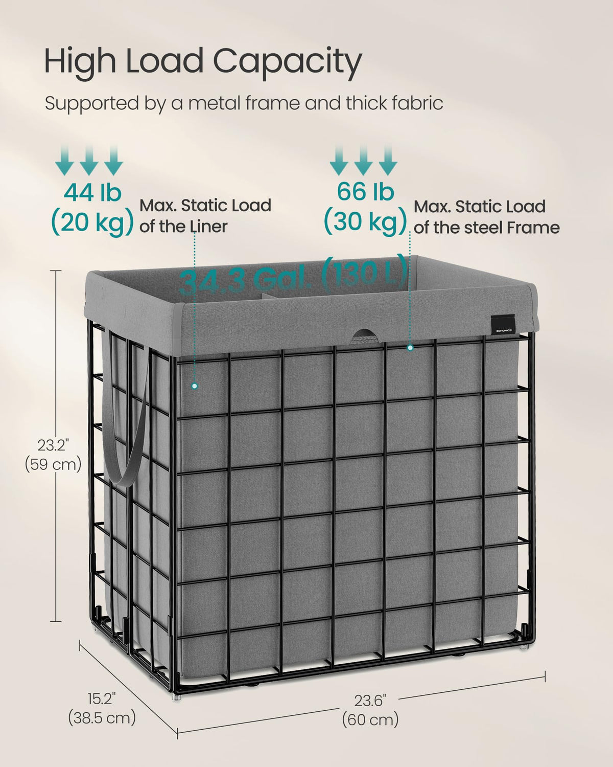 SONGMICS Laundry Hamper, 34.3 Gal. (130L) Laundry Basket, Collapsible Clothes Hamper, Removable and