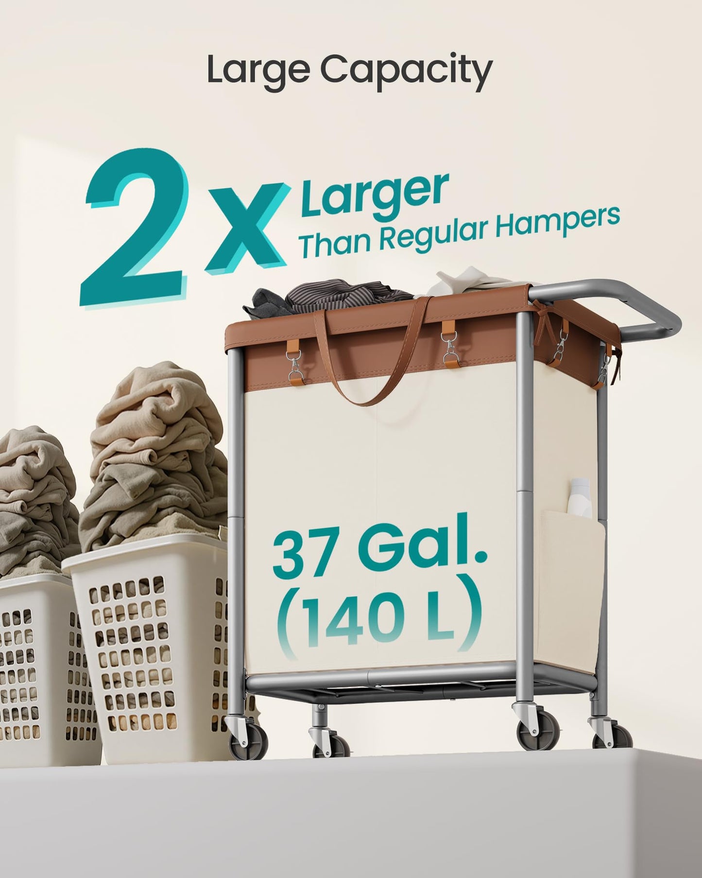 SONGMICS Laundry Basket with Wheels, 2-Section, 37.0 Gallons (140 L)