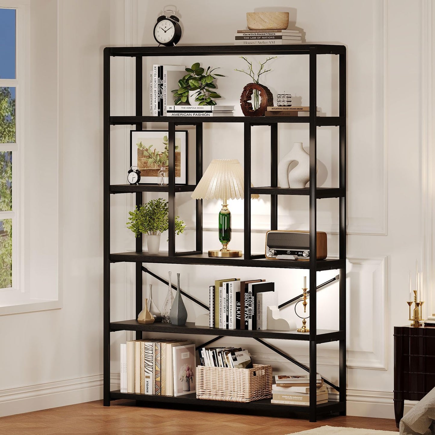 LVB 6 Tier Tall Black Bookshelf, Modern Large Wide Book Rack Storage, Industrial Wood Metal Etagere
