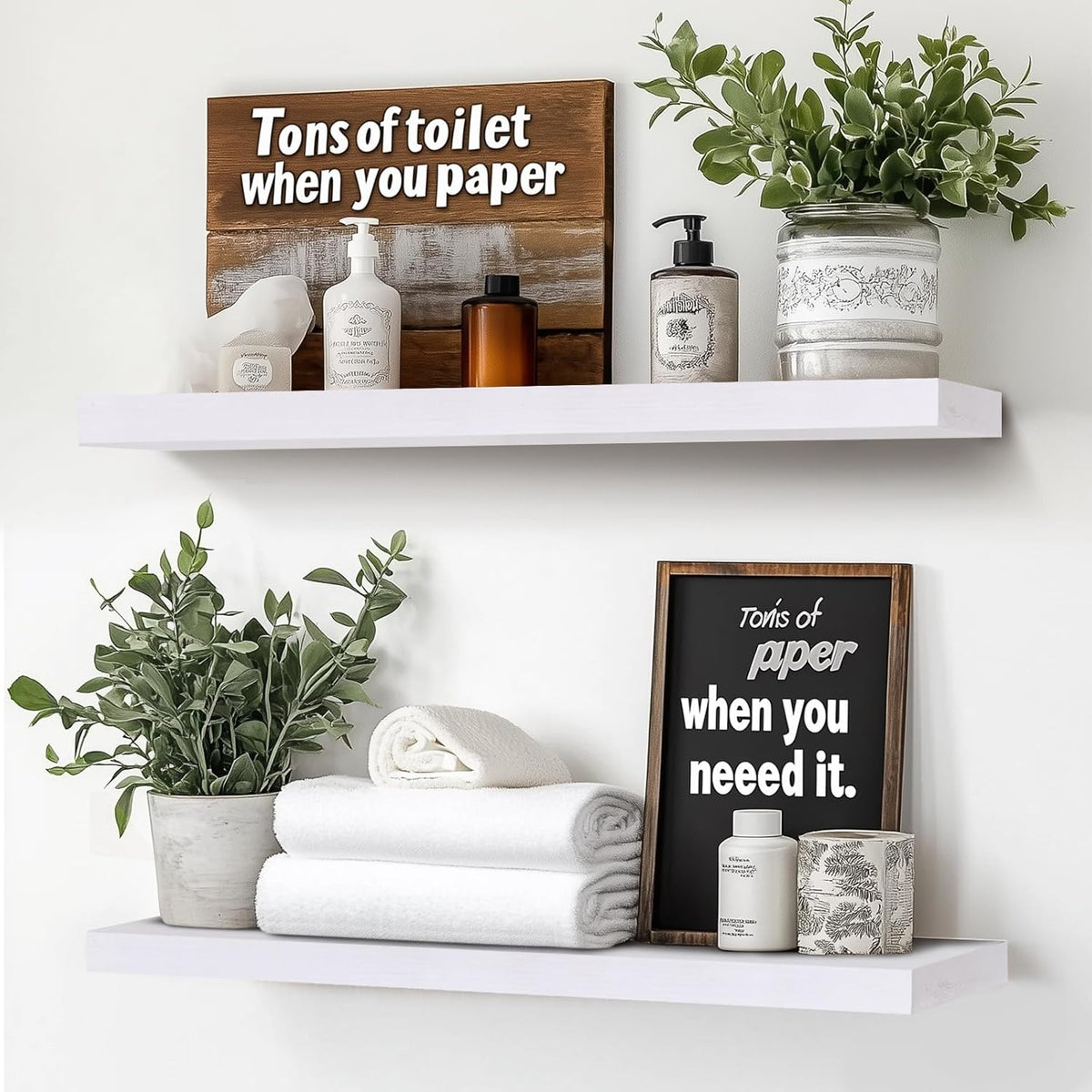 24"x6.8"x1.2" Solid Wood Floating Shelves 2-Pack - Rustic White Finish with Hidden Brackets