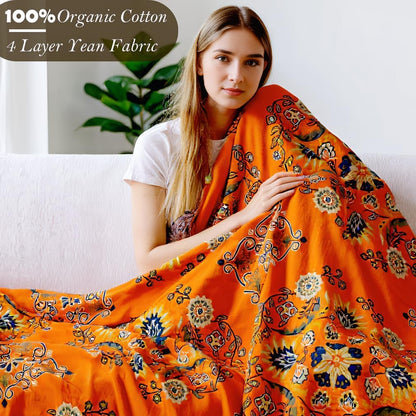 Boho Large Throw Blanket, 100% Organic Cotton Breathable Soft Bed Throw - Floral Farmhouse Decor