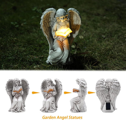 Angel Statue Outdoor Decor, Elegant Angel Garden Statues Reading Book with Solar LED Lights Yard