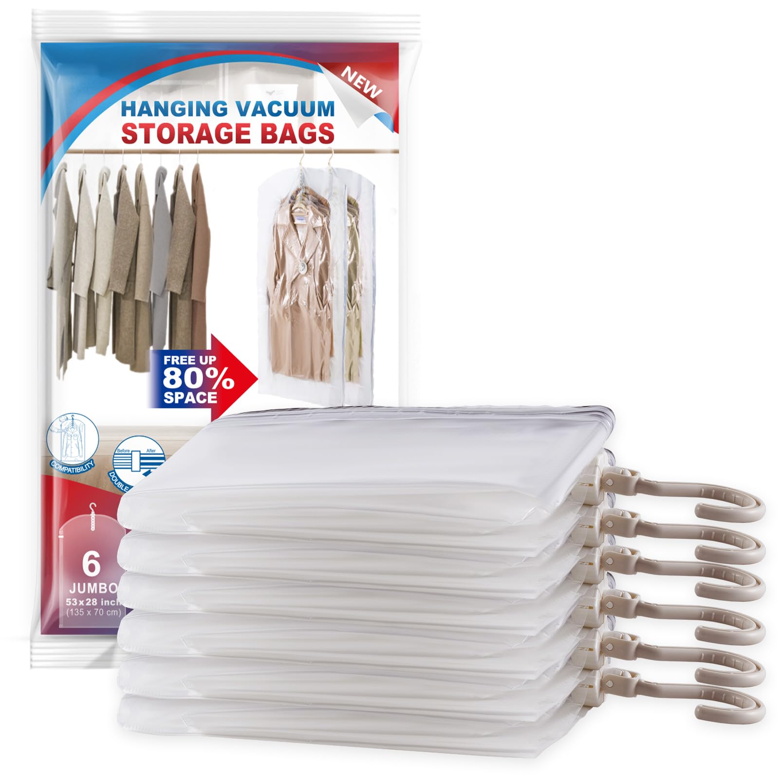 Hanging Vacuum Storage Bags, Space Saver Vacuum Seal Bags for Cloth, 6 Long