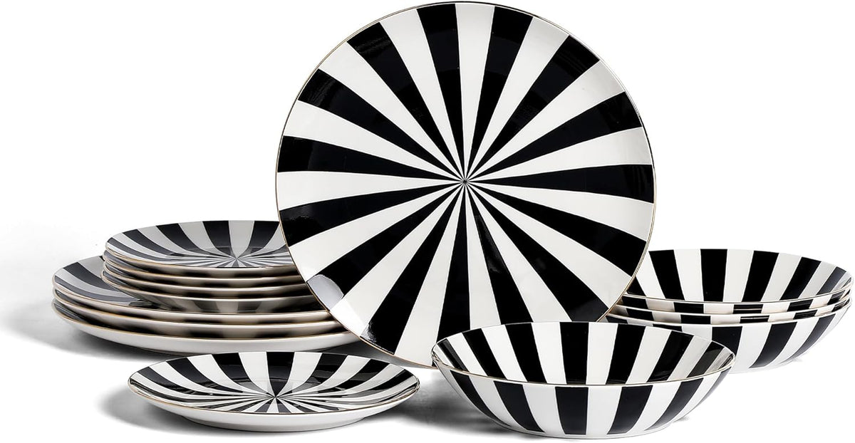Christian Siriano Empire Porcelain Dinnerware, 12-Piece Plates and Bowls Set, Black and White Dish