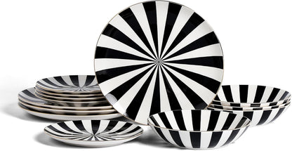 Christian Siriano Empire Porcelain Dinnerware, 12-Piece Plates and Bowls Set, Black and White Dish