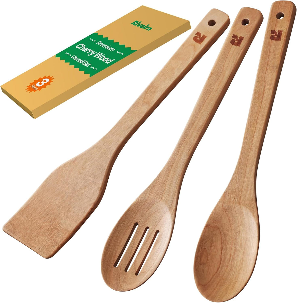 Riveira Cherry Wooden Spoons for Cooking Set of 3 – Natural Cherry Wooden Cooking Utensils, Wooden