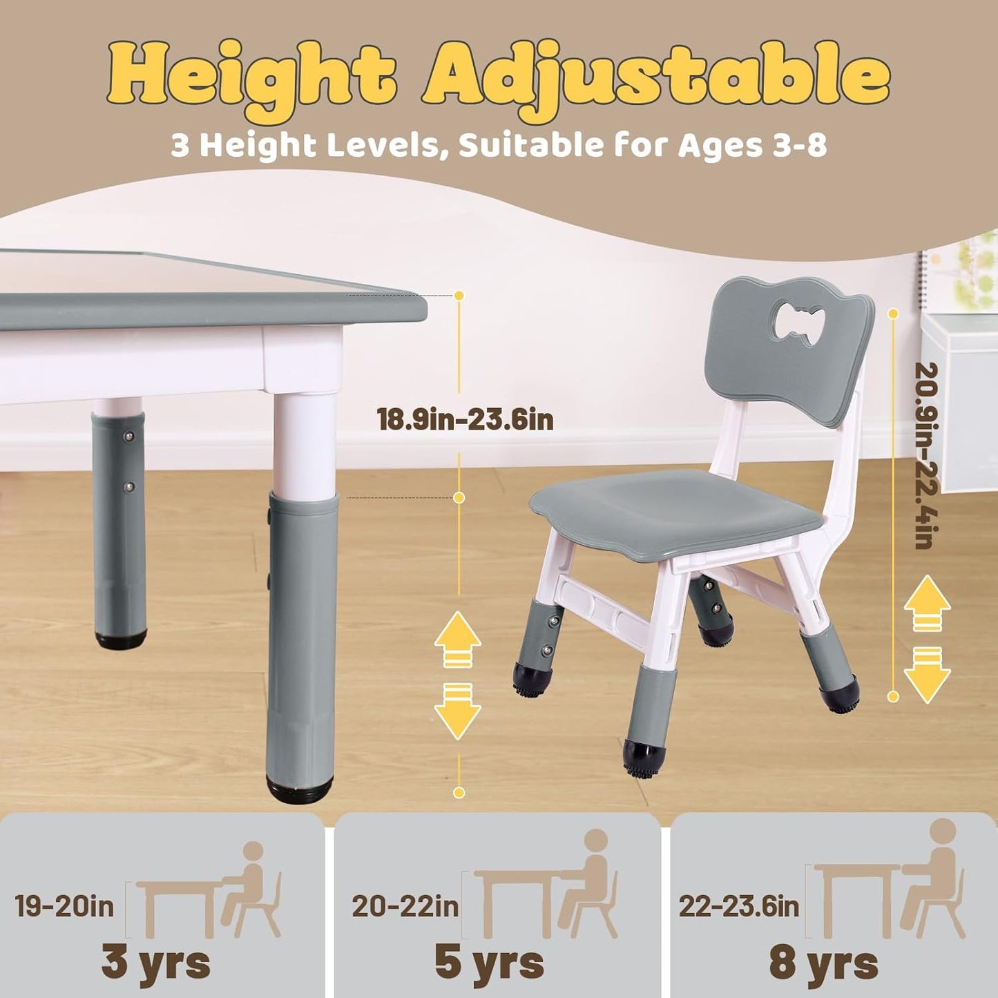 FUNLIO Kids Table and 4 Chairs Set for Ages 3-8, Height Adjustable Toddler Table and Chair Set