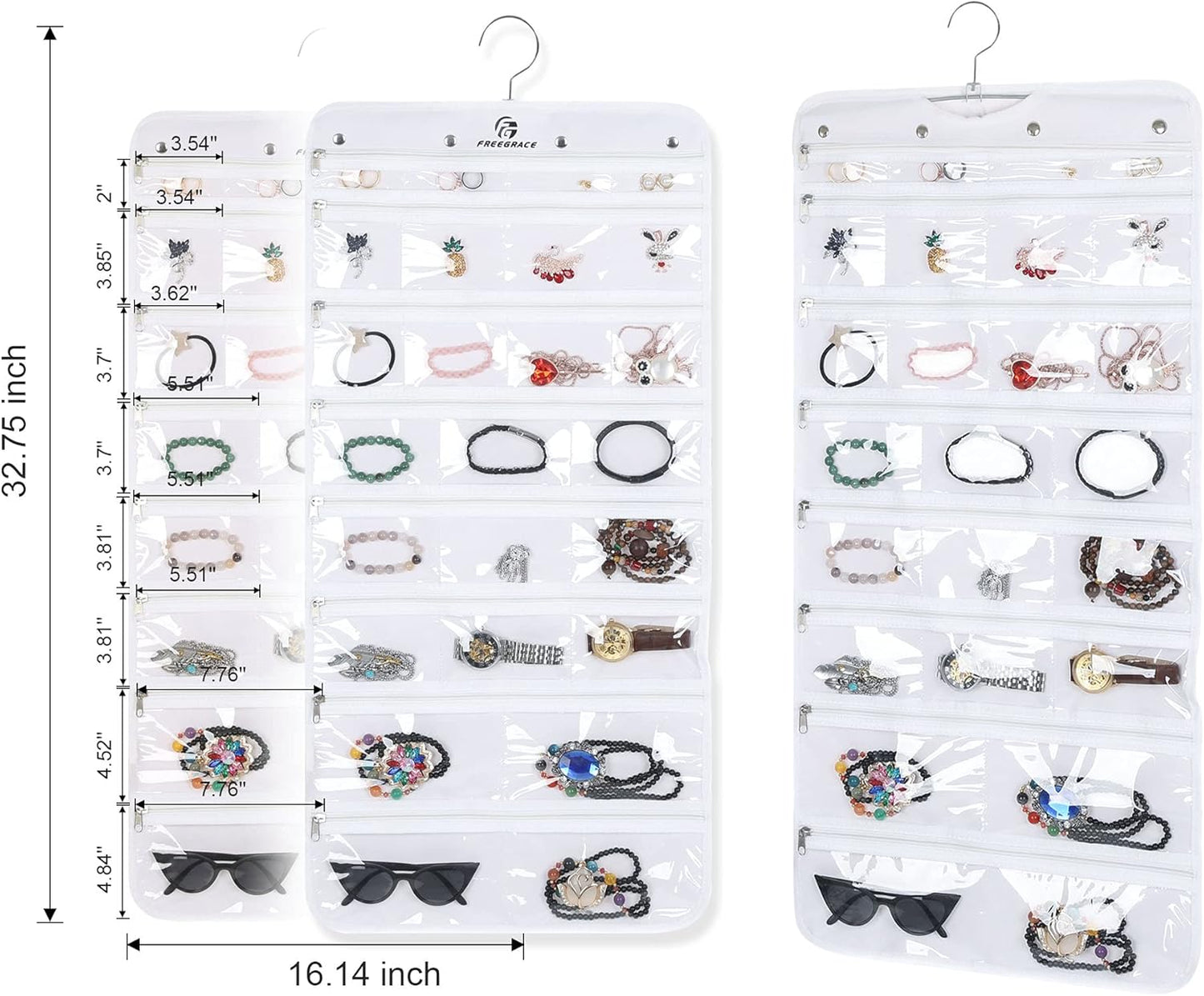 Freegrace Hanging Jewelry Organizer Revolving Hanger - Secure Zipper Closure - 50 Pockets