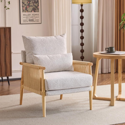 VINGLI Boho Braid Accent Armchair,Mid-Century Modern Chiar with Solid Wooden Armrest,Comfy Louge
