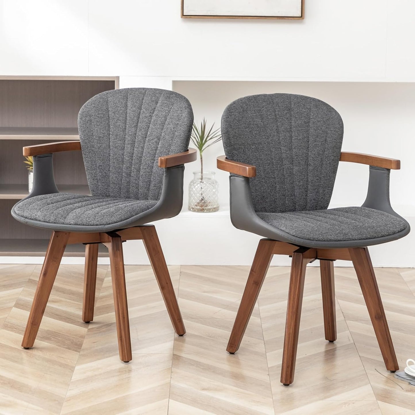 LUNLING Swivel Dining Chairs, Mid Century Modern Gray Fabric+Faux Leather Kitchen Chairs with