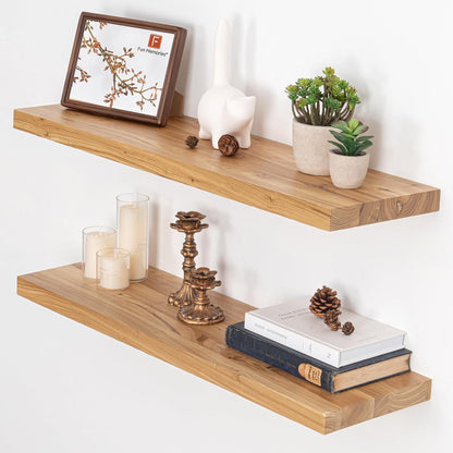 Floating Shelves for Wall, 32"W x 9.3"D x 1.5"H Rustic Solid Elm Wood Wall Shelves, Set of 2 with
