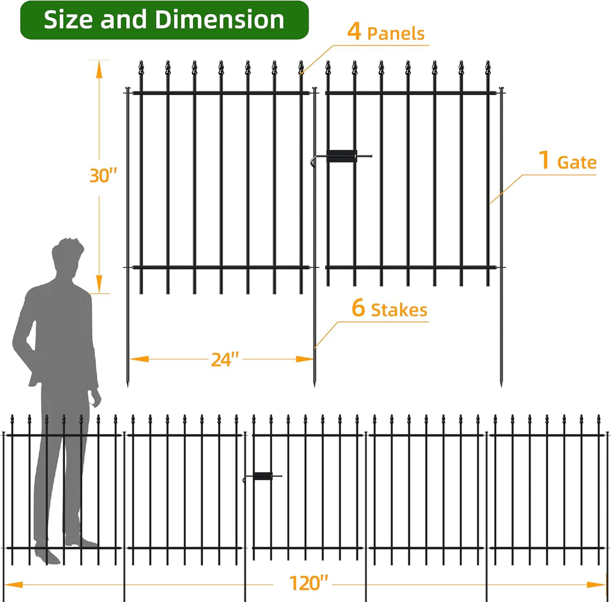 Metal Garden Fence with Gate 30 in H x 10 ft L, 1 Gate + 4 Panels Border Fence Panels Animal
