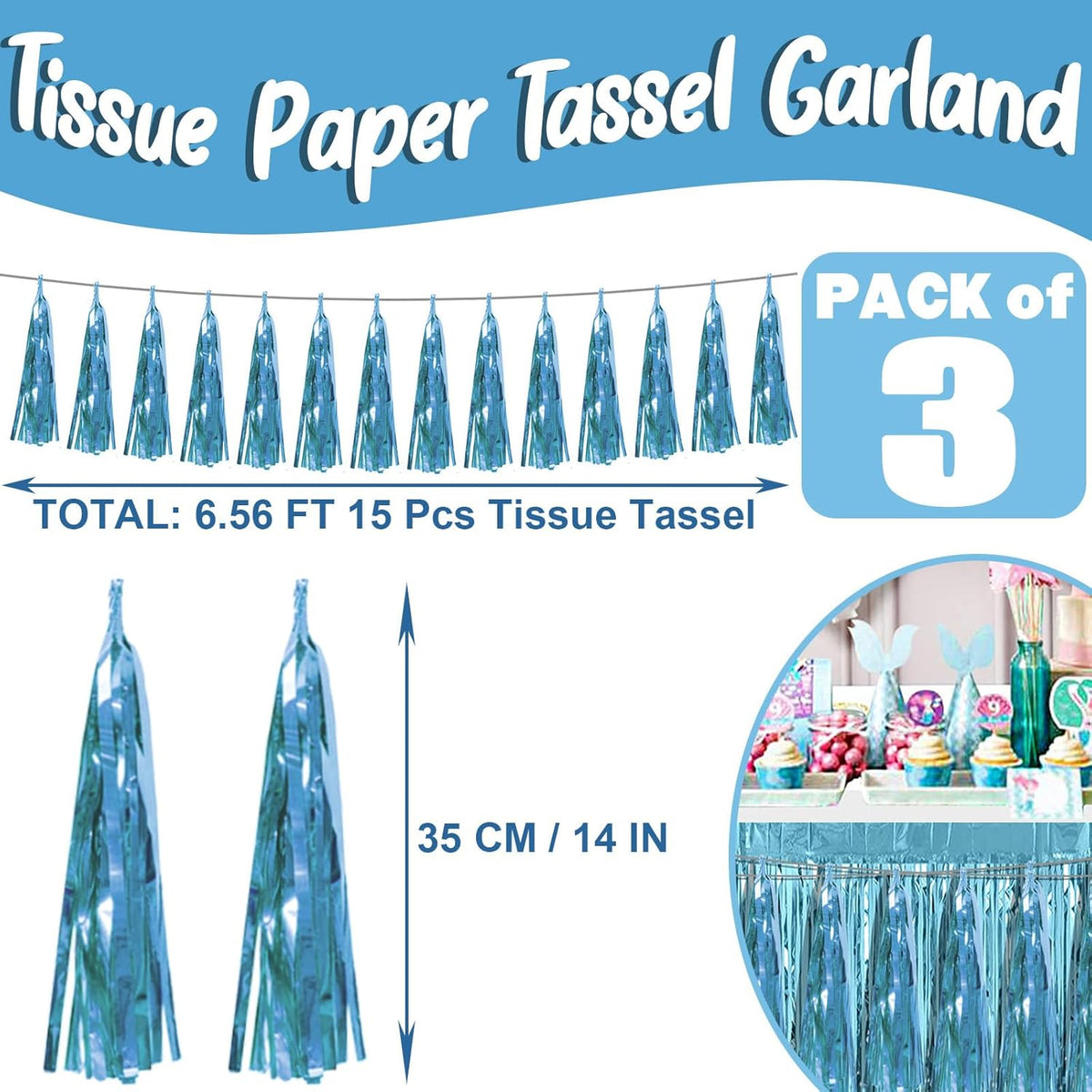 3P Light Blue Foil Fringe Metallic Tassel Streamers Banner Tassel Garland for Parade Floats