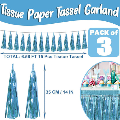 3P Light Blue Foil Fringe Metallic Tassel Streamers Banner Tassel Garland for Parade Floats