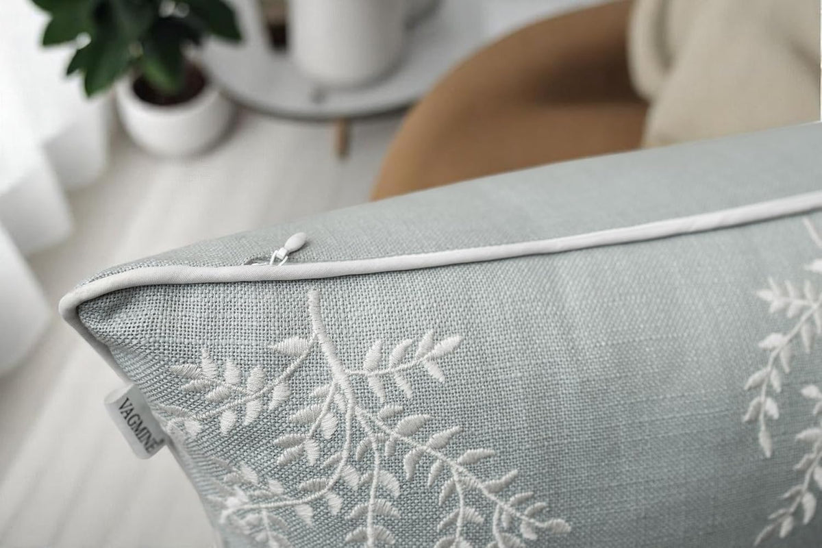 VAGMINE Embroidered Leaves Throw Pillow Cover - 20x20 Inches Square - 100% Cotton Robins Egg