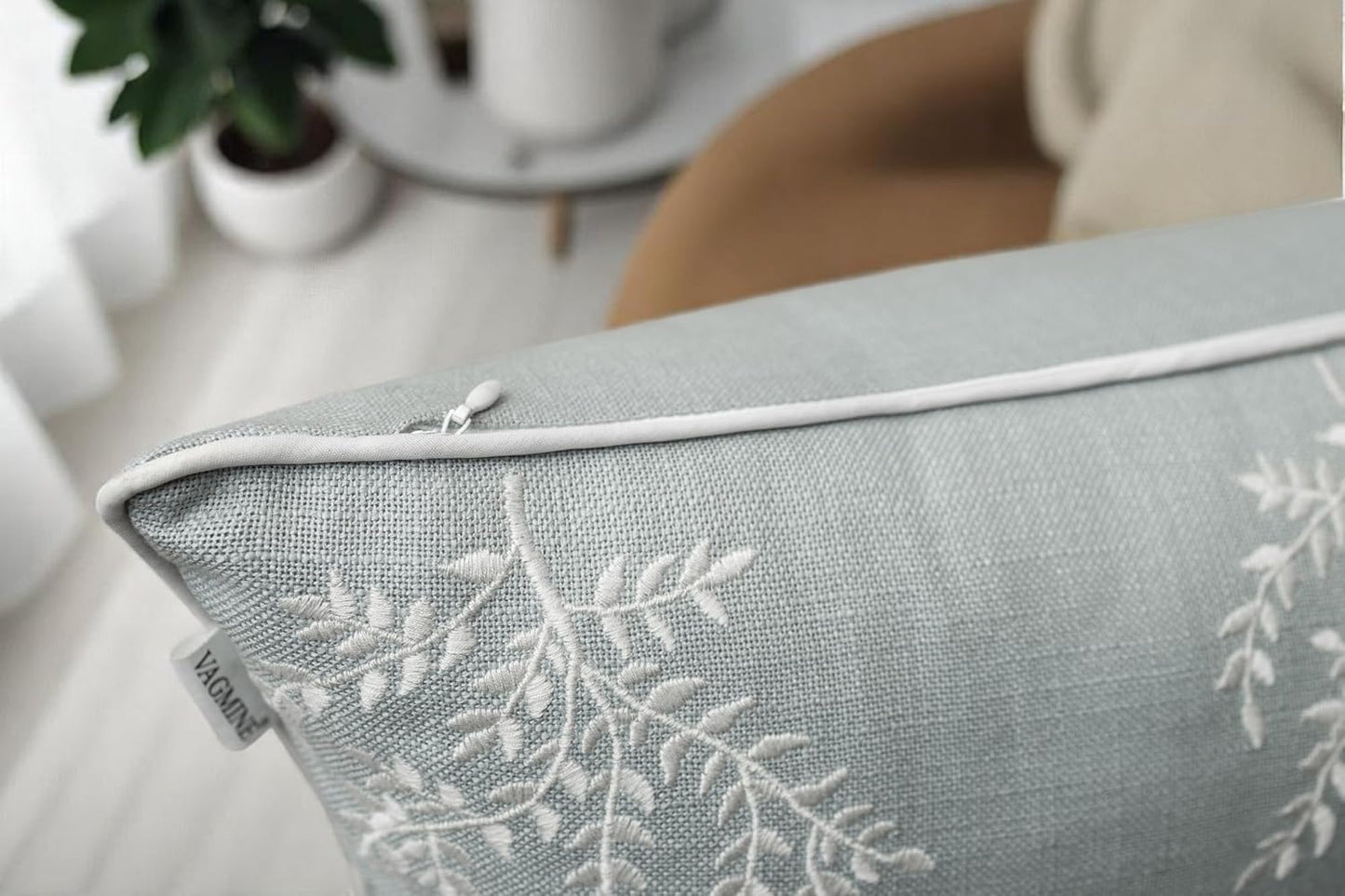 VAGMINE Embroidered Leaves Throw Pillow Cover - 18x18 Inches Square - 100% Cotton Robins Egg