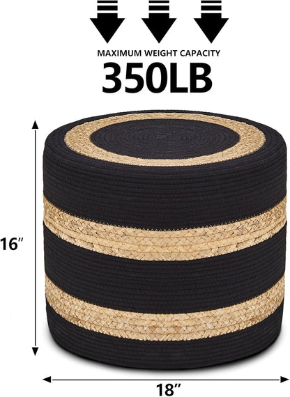 Wimarsbon 18'' Ottoman Pouf, Natural Braided Poof, Rustic Handweave Lounge Pouffe, Boho Footrest
