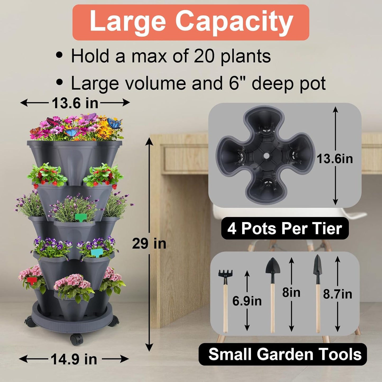 DUNCHATY Stackable Planter, Vertical Strawberry Planter with Garen Tool Set, Self Watering Garden