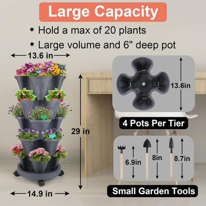 DUNCHATY Stackable Planter, Vertical Strawberry Planter with Garen Tool Set, Self Watering Garden