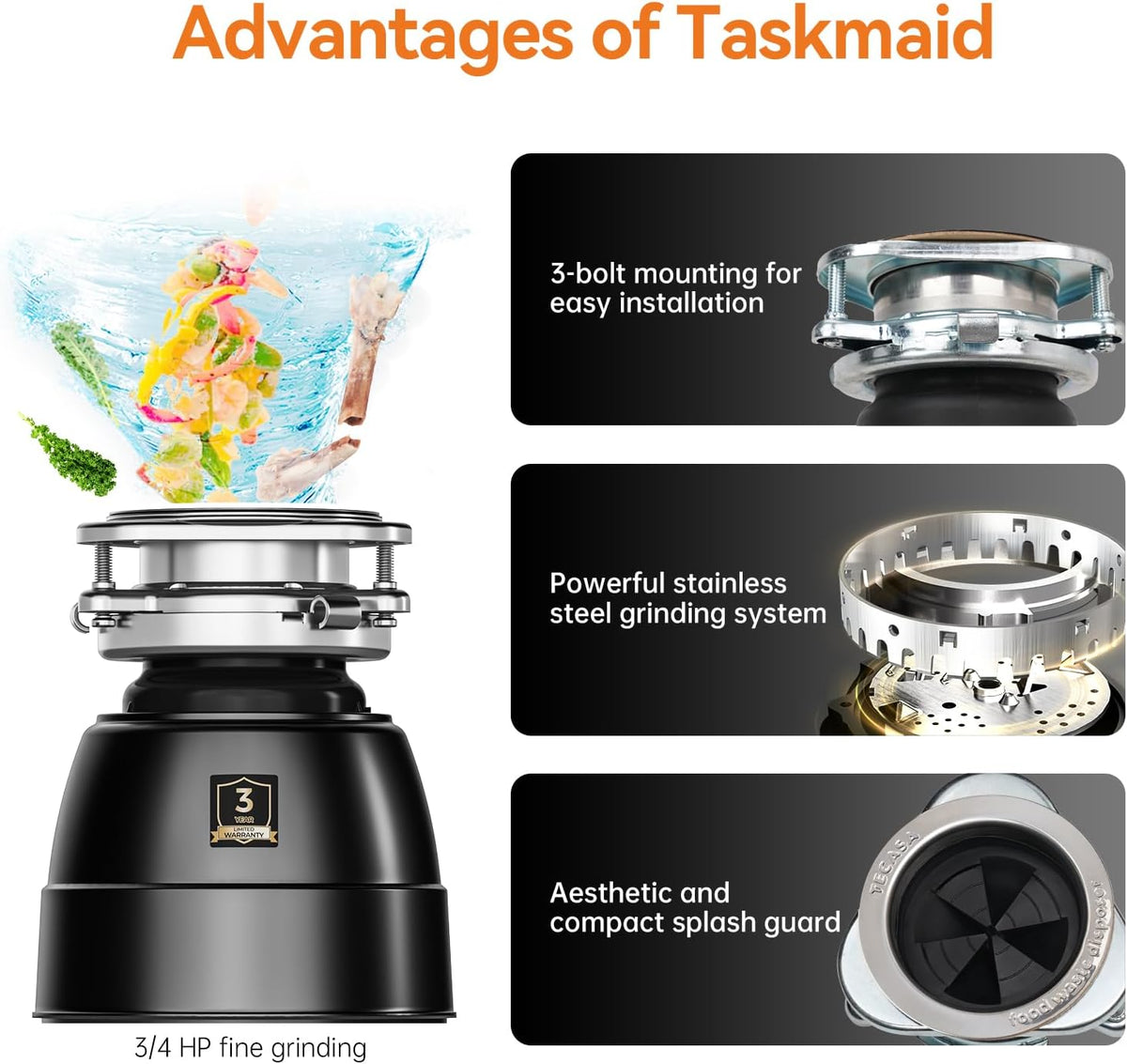 3/4 HP Garbage Disposal, TECASA Food Garbage Disposal with Power Cord, Stainless Steel Grinding