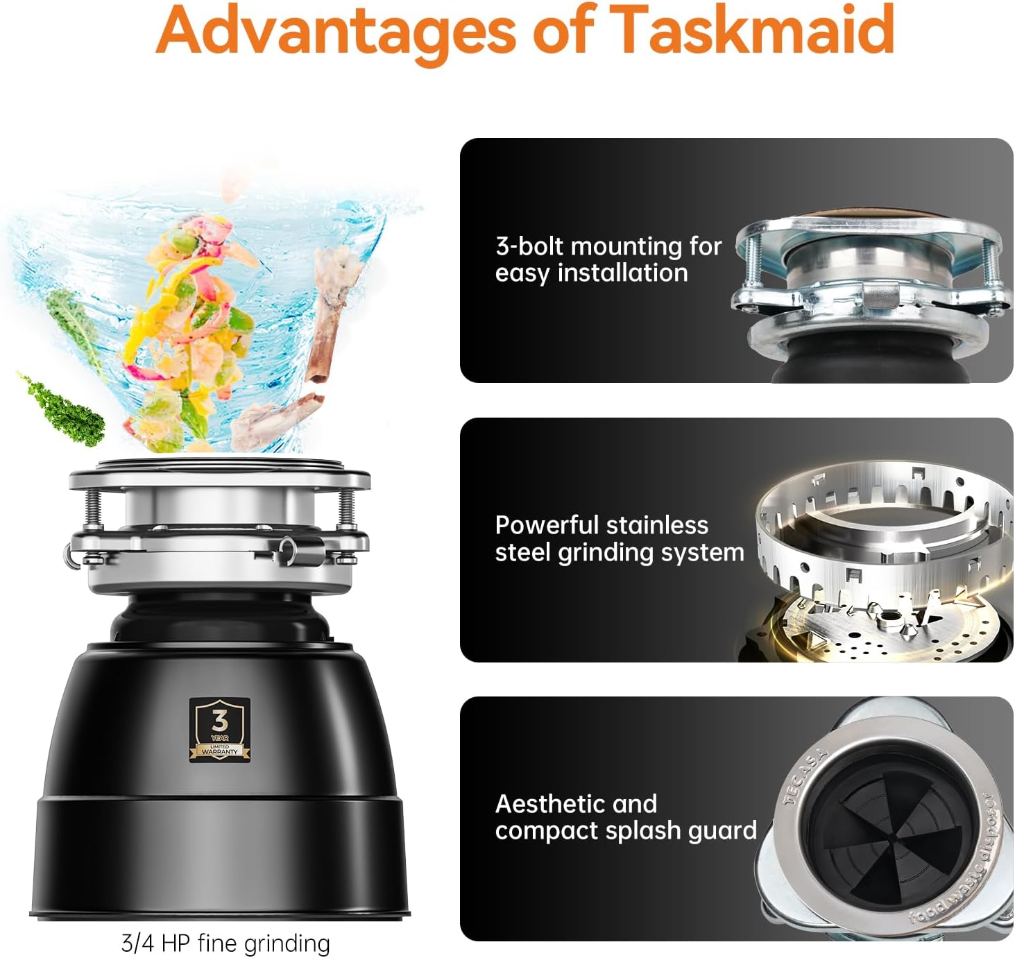 3/4 HP Garbage Disposal, TECASA Food Garbage Disposal with Power Cord, Stainless Steel Grinding