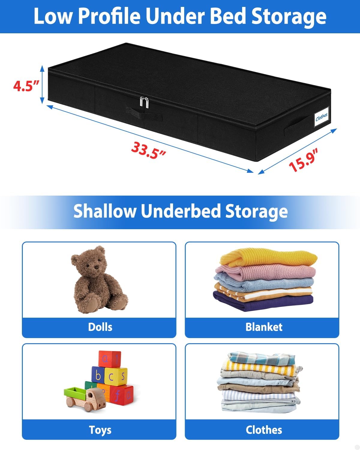 Under Bed Storage Containers, Low Profile Underbed Storage Bin 4.5 Inches Tall Clothes Storage